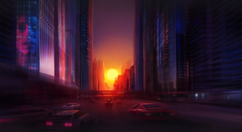city lights, artwork, dark, vehicle, digital, cityscape, sun rays, painting, environment, car, transport, CGI, skyscraper, digital art, concept art, sunset