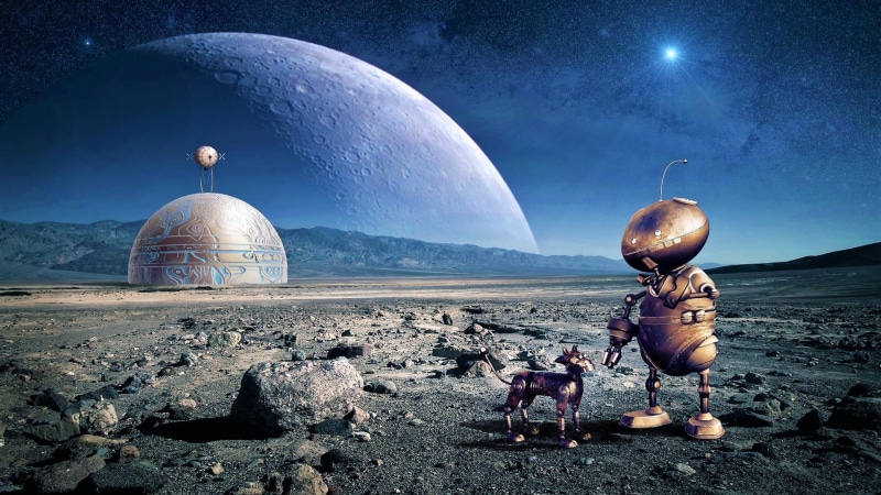 building exterior, astronomy, nature, architecture, environment, space, world, 1080P, science, fantasy, solar system, robot, moon, planet, outdoors, sky