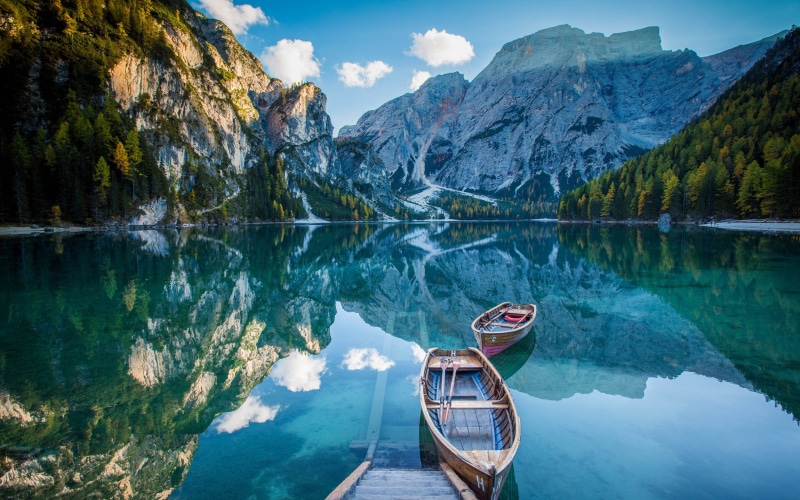 sky, 4K, reflection, boats, pragser, braies, lago, lake, rocky, wildsee, mountains, italy, landscape, blue, di