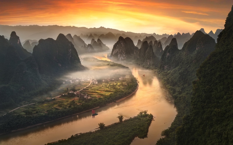 landscape, mobile, outdoors, desktop, water, mountain range, orange color, mountain, nature, plant, river, china, field, laptop, no people, village, tranquility