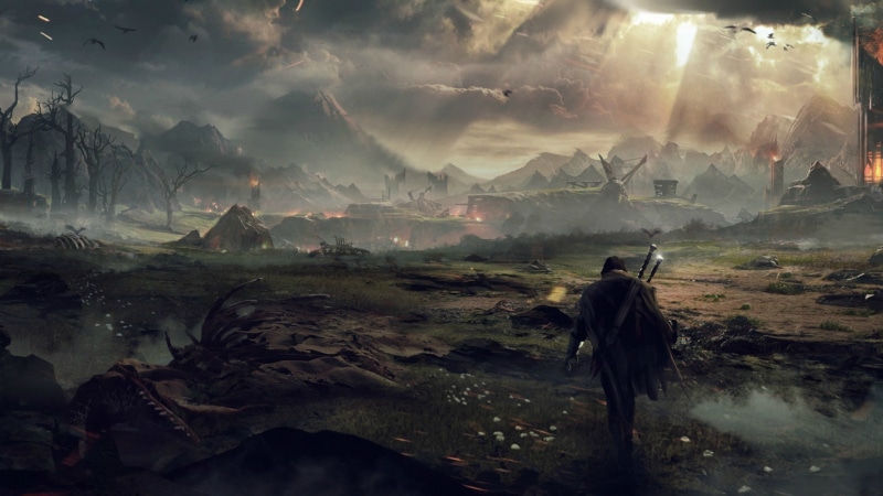 warrior fantasy art digital art artwork pixelated mountains clouds sky dead trees trees forest sun rays birds alone mist middle earth shadow of mordor