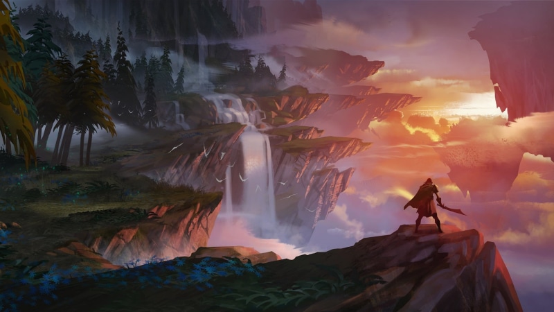 sky, fantasy art, sword, artwork, forest, weapon, cloak, mountains, man, trees, rocks, fog, river, twilight, fantasy, Dauntless, painting, clouds, 1080P