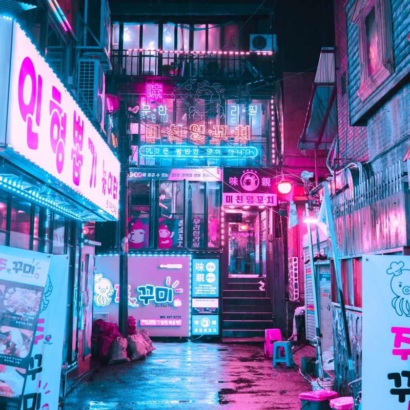 bar - Drink Establishment, asia, business, light, people, urban, white, store, neon Light, editorial, road, wet, city Life, alley, shop, 4K, 1980s, vaporwave