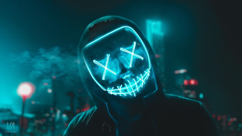 faceless, neon, cyberpunk, futuristic, outdoors, cyber city, neon lights, retouching, night, Dark Cyberpunk, cyan, hoods, lights, men outdoors, 2K, city