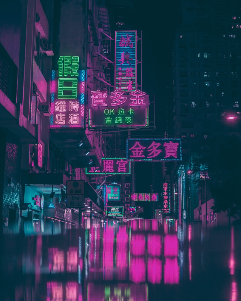 building, night, asian, china - East Asia, neon Color, street Light, city, dark, outrun, assorted, downtown District, synthwave, built Structure, reflection