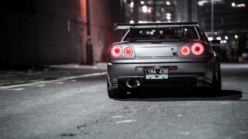 transportation, street, crime, retro styled, day, Nissan Skyline GT-R R34, vehicle, mode of transportation, JDM, sign, 1080P, Nissan, road, communication