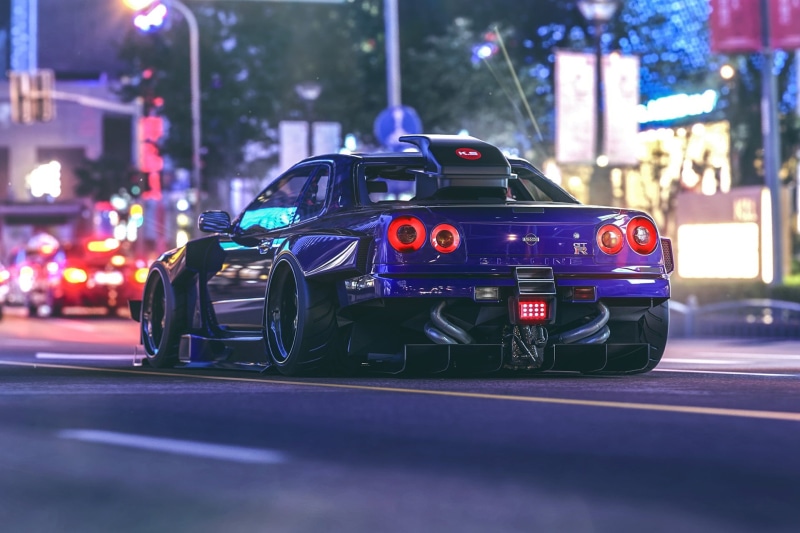 sports, transportation, Khyzyl Saleem, road, city, lights, car, street, competition, night, illuminated, bike, GT-R, building exterior, virtual tuning