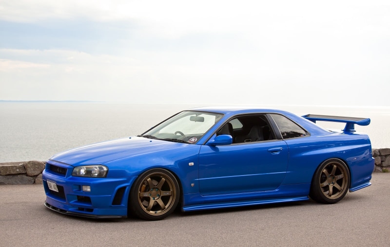 Stanceworks, sea, GT-R, transportation, Nissan Skyline GT-R R34, sky, car, no people, Nissan, convertible, blue cars, water, StanceNation, gtr, copy space