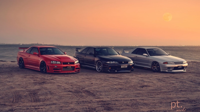 silver cars, Nissan, 1080P, Nissan Skyline GT-R R33, car, sunset, Japanese cars, beach, red cars, Nissan Skyline GT-R R34, purple cars, JDM, Nissan skyline GT-R R32