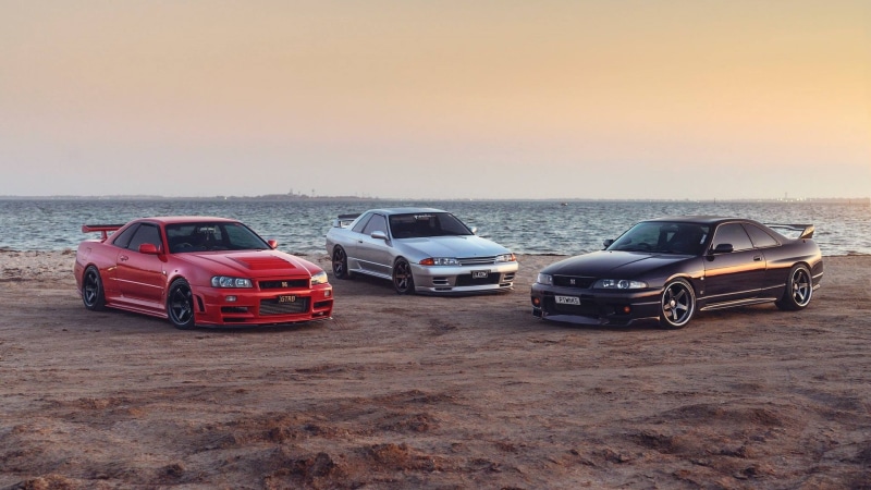 1080P, purple cars, Japanese cars, beach, Nissan, sand, Nissan skyline GT-R R32, red cars, Nissan Skyline GT-R R34, Nissan Skyline GT-R R33, silver cars