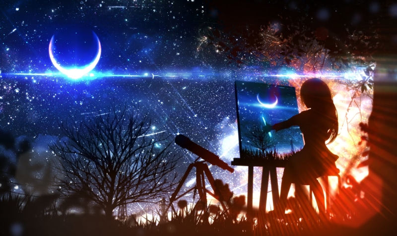 trees, blue, illustration, starred sky, environment, digital art, anime, sky, picture, sitting, starry night, anime girls, landscape, outdoors, night sky