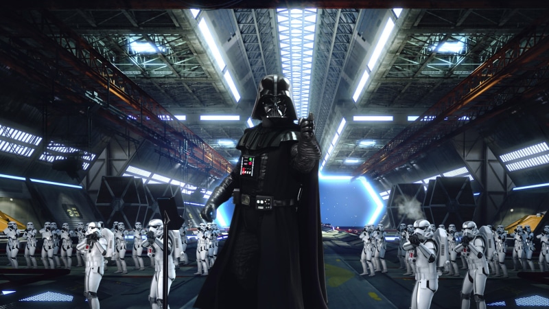 star, adult, representation, sculpture, standing, Star Wars, indoors, large group of people, 2K, crowd, stormtrooper, technology, darth, low angle view