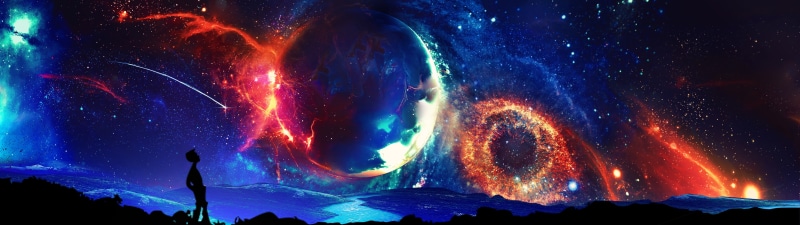 dual monitors, digital art, universe, 5K, multiple display, space