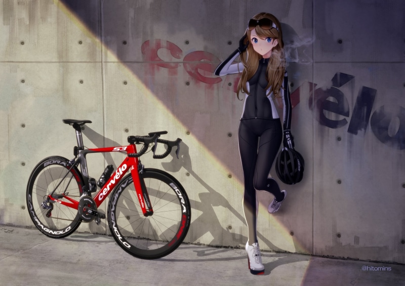 blue eyes, brunette, glasses, bodysuit, anime, anime girls, bicycle, long hair, 1080P