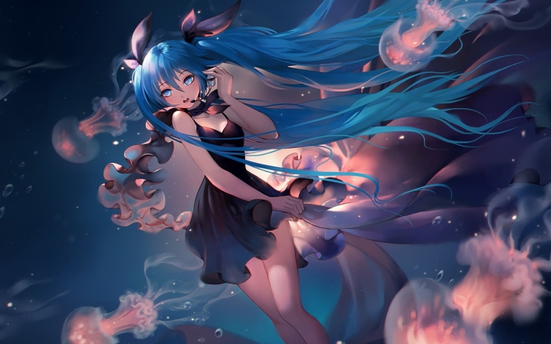 close-up, long hair, blue hair, undersea, motion, blue eyes, swimming, indoors, Hatsune Miku, animal, animal wildlife, anime girls, 1080P, pattern, hair ornament