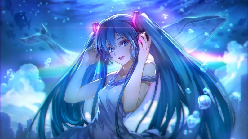 looking at camera, 2K, Hatsune Miku, women, underwater, fashion, adult, haired, one person, smiling, blue eyes, female, blue, young women, headshot, character