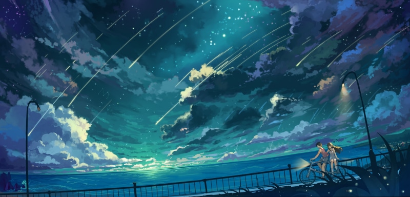 night, architecture, 2K, bicycle, stars, cloud - sky, leisure activity, star - space, couple, anime girls, digital, connection, space, beauty in nature