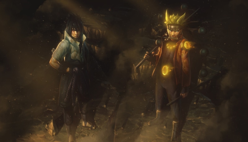 real people, Uchiha Sasuke, Uzumaki Naruto, three quarter length, digital composite, men, standing, front view, sasuke, illuminated, nature