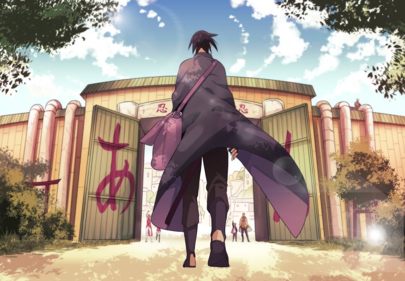 sky, built structure, adult, Boruto Uzumaki, standing, tree, group of people, clothing, lifestyles, Anime, plant, Sasuke Uchiha, black, Sakura Haruno, people