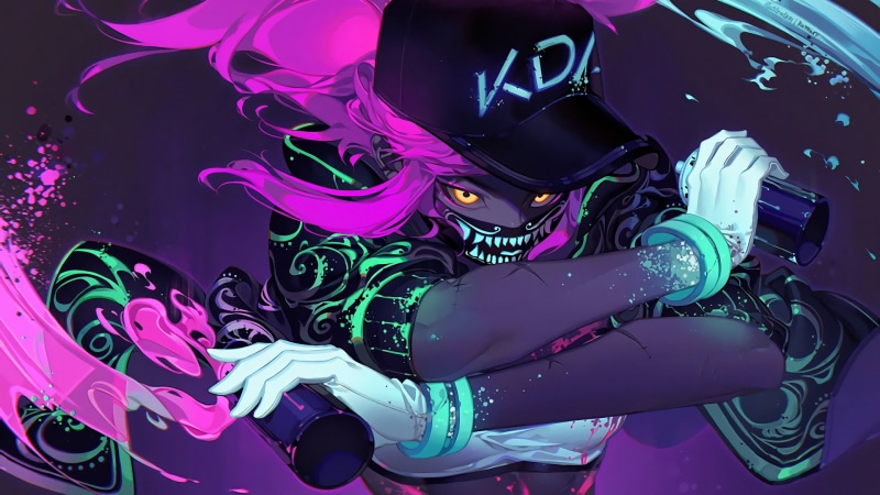 digital art, Akali, yellow eyes, kda, League of Legends, 1080P, women, neon, purple hair, artwork