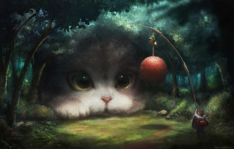 animal, no people, digital art, nature, sea, illustration, one animal, 1080P, outdoors, fantasy art, cat, day, plant, auto post production filter, artwork