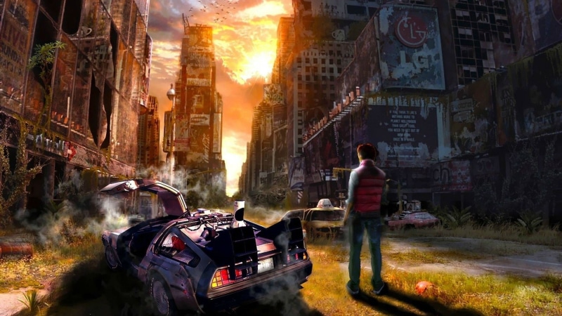 digital art, back, land vehicle, rear view, fantasy art, architecture, building, motor vehicle, nature, future, concept art, casual clothing, Back to the Future