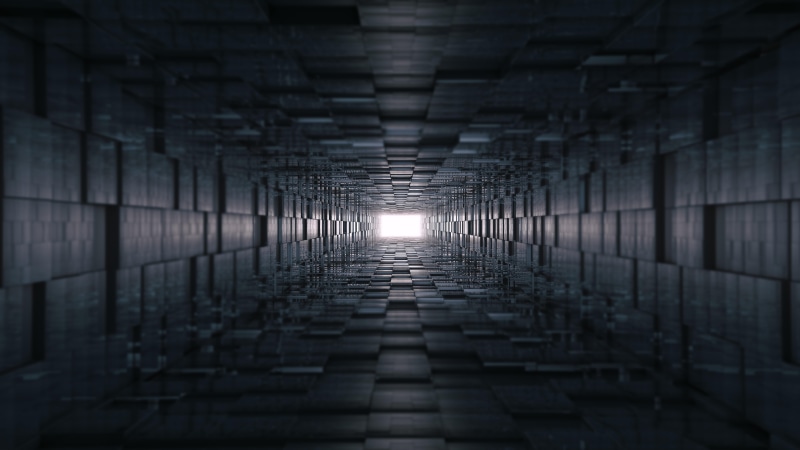 3d, 8K, abstract art, darkness, tunnel, black, structure, light, symmetry, abstract