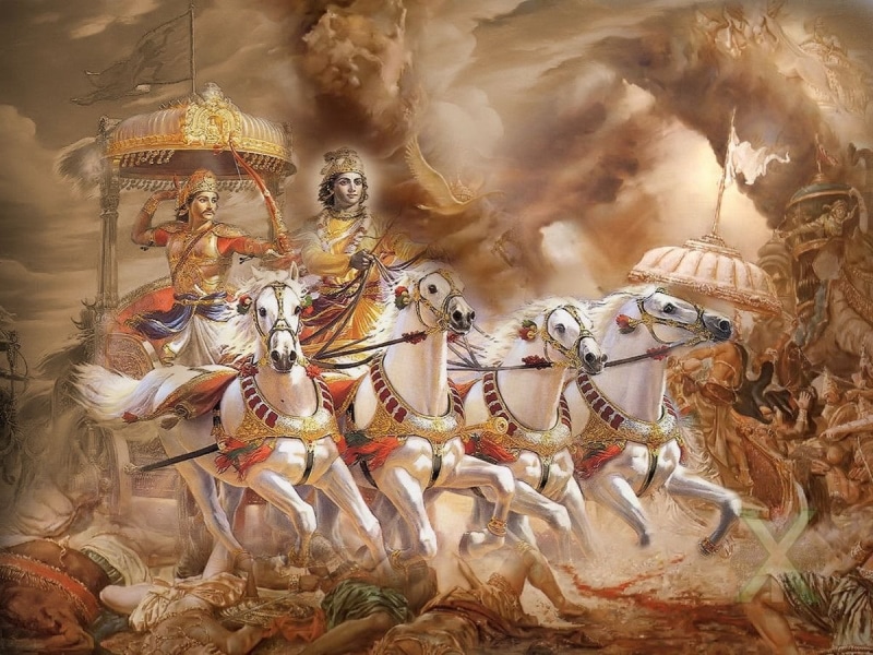 480P, painting, horses, male likeness, two, creativity, men, sky, krishna, Lord Krishna, spirituality, bhagavad, vertebrate, outdoors, religion, craft