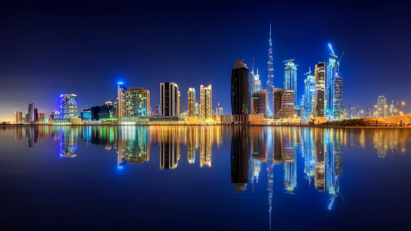 persian gulf, 8K, cityscape, united arab emirates, uae, dubai, sky, reflection, night, tower block, burj khalifa, skyline, skyscraper, city lights, downtown