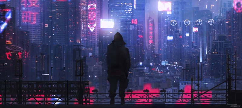 digital art, 2K, dark, futuristic, futuristic city, neo-tokyo, dystopic, lights, city, night, synthwave, science fiction