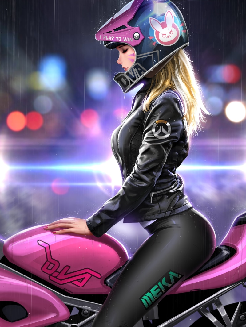 d, rain, digital, mode of transportation, 4K, neon, females, leather, music, fashion, Liang Xing, va, D.Va (Overwatch), women, Overwatch, young adult