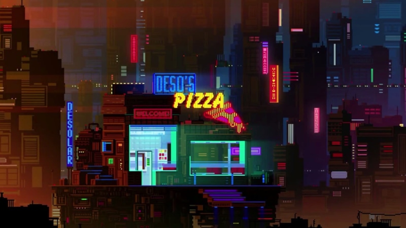 neon, western script, building exterior, art, modern, pixel art, 1080P, light - natural phenomenon, text, light, number, neon sign, building, business