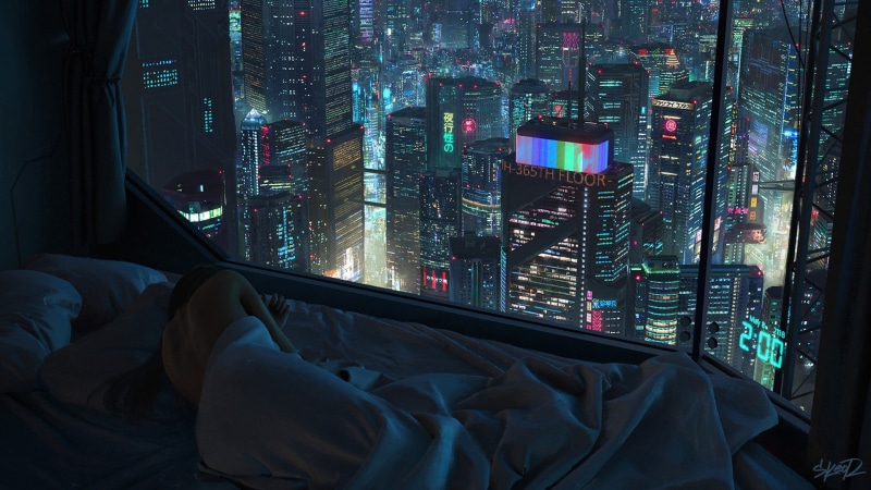 2:00 AM, futuristic, Illustration, Tony Skeor, The city, City, Cyberpunk, Window, Night, 2118, by Tony Skeor, scifi, Girl, 1080P, Sleep, Bed