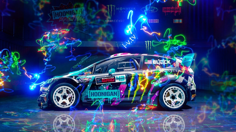 Ford Fiesta, illuminated, door, mode of transportation, multi colored, Ken Block, night, land vehicle, hoonigan, 4K, three dimensional, transportation