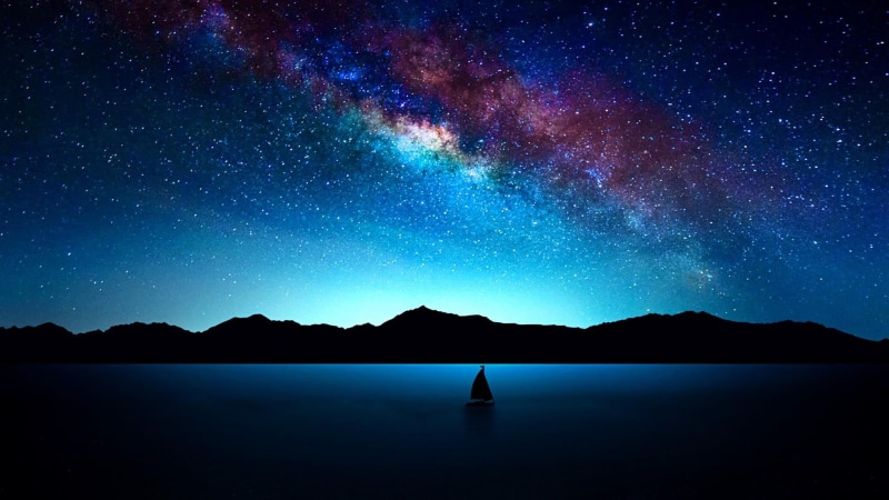 waterfront, sky, astronomy, stars, beauty in nature, boat, starry, nature, water, idyllic, night sky, 1080P, star - space, tranquility, star field, galaxy