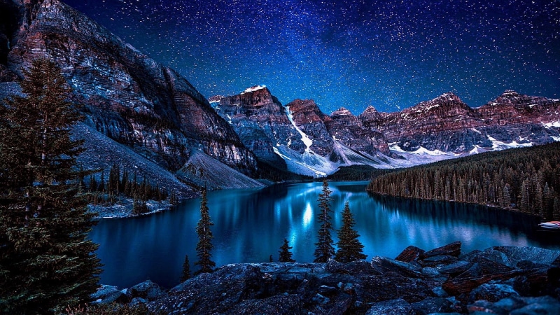 1080P, mountain, night, wilderness, stars, winter, alberta, snow, canada, mountain range, moraine lake, landscape, mount scenery, mountains, water, sky