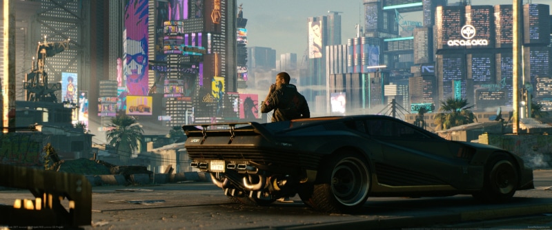 building exterior, adult, mode of transportation, one person, hairstyle, Cyberpunk 2077, ultrawide, office building exterior, women, long hair, car, video games