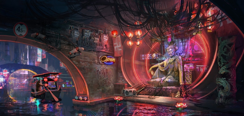 fantasy art, 1080P, Fu Chenqi, cyberpunk, digital art, science fiction, video games, Chinese, Buddha, Cyberpunk 2077, Video Game Art