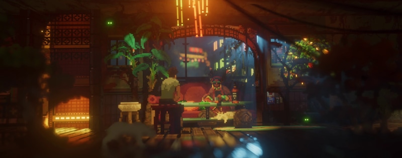 character, pixel art, bar - drink establishment, night, selective focus, glass, cyberpunk, reflection, lighting equipment, no people, architecture, bar counter