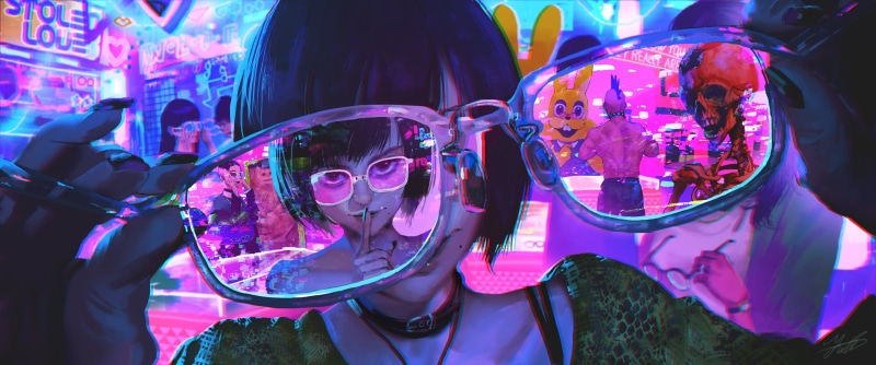 looking at viewer, skeleton, bangs, neon, women with glasses, artwork, skull, black hair, drawing, glasses, 2K, women, face, illustration, original characters
