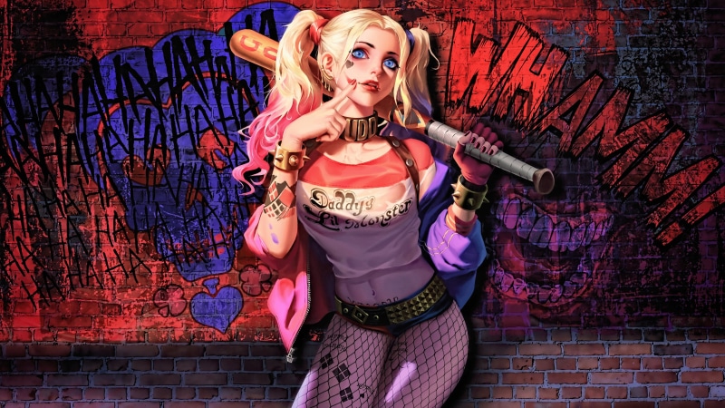 science fiction, CGI, Batman, baseball bat, 3D, futuristic, fantasy art, DC Comics, 4K, fan art, digital art, fantasy girl, Harley Quinn, women, concept art