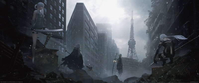 pollution, A2 (Nier: Automata), game, built structure, painting, katana, digital art, cold temperature, snowing, no people, dust, architecture, day, 2K