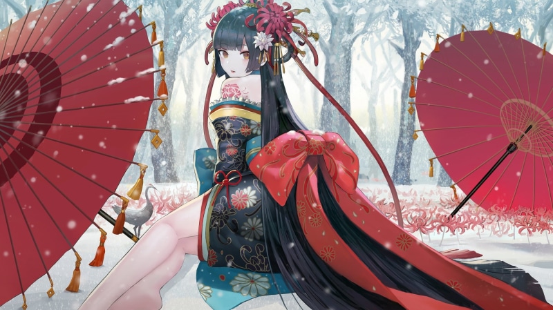 digital art, looking at viewer, snowing, black hair, women, anime girls, snow, original characters, environment, 1080P, portrait, 2D, kimono, illustration