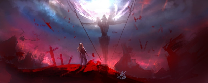 festival, red, cloud - sky, Rebuild of Evangelion, celebration, smoke - physical structure, mech, environment, 1080P, anime girls, nature, no people, Spear of Longinus