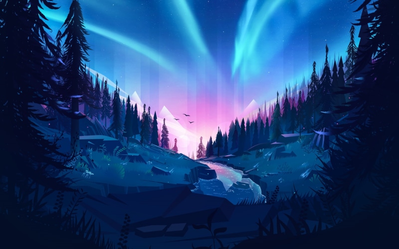 building, auroral, sky, nature, 1080P, blue, architecture, cold temperature, tree, scenics - nature, forest, night, illuminated, plant, beauty in nature