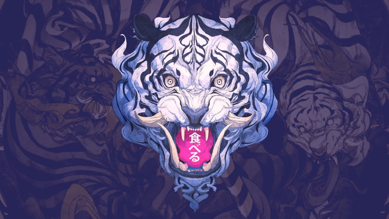 2K, illustration, sketches, digital art, Japanese Art, blue, purple background, Japan, artwork, samurai, creature, Chun Lo, drawing, demon, kanji, Ukiyo