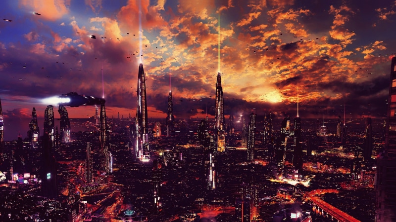 view, 4K, downtown District, night, architecture, harbor, twilight, scenics - nature, concept art, tower, financial District, urban Skyline, dusk, business