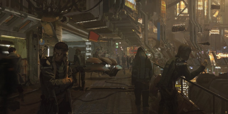 building exterior, one person, science fiction, artwork, men, cyberpunk, game, transportation, occupation, city, illuminated, standing, building, full length