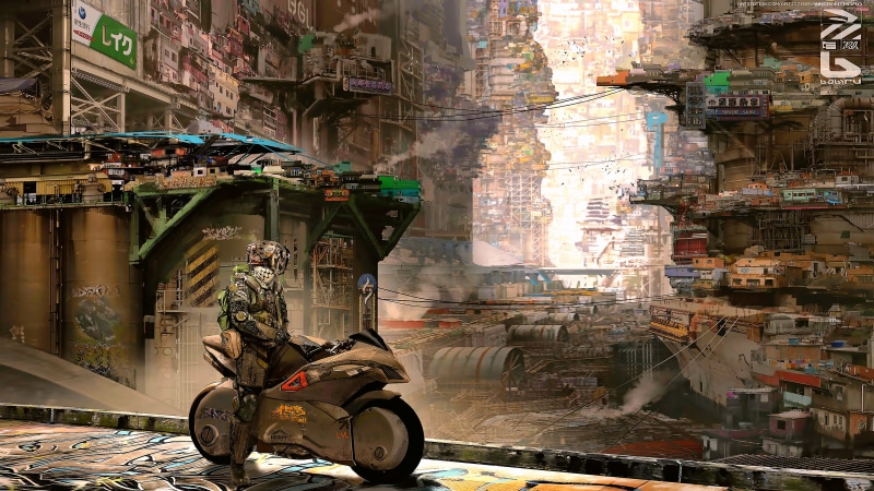 futuristic city, fan art, cyberpunk, fantasy art, artwork, cyber, CGI, Nivanh Chanthara, cyber city, motorcycle, science fiction, concept art, 4K, digital