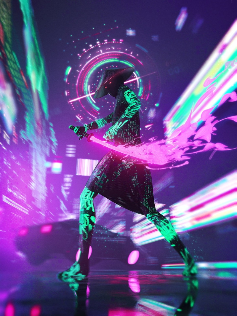 neon, science fiction, samurai, cyberpunk, futuristic, 720P, Cinema 4D, vertical